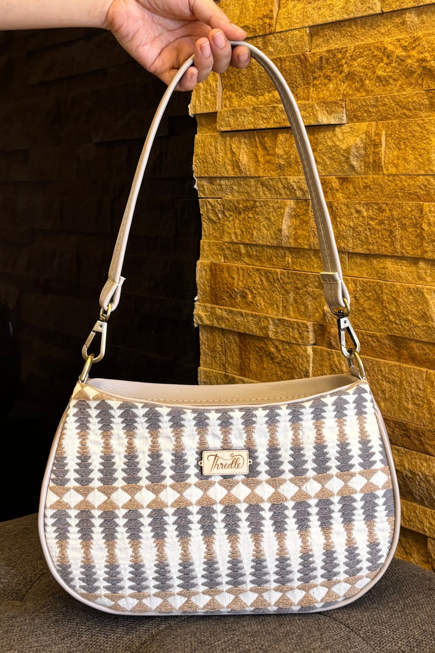 Grey And White Handcrafted Baguette Bag