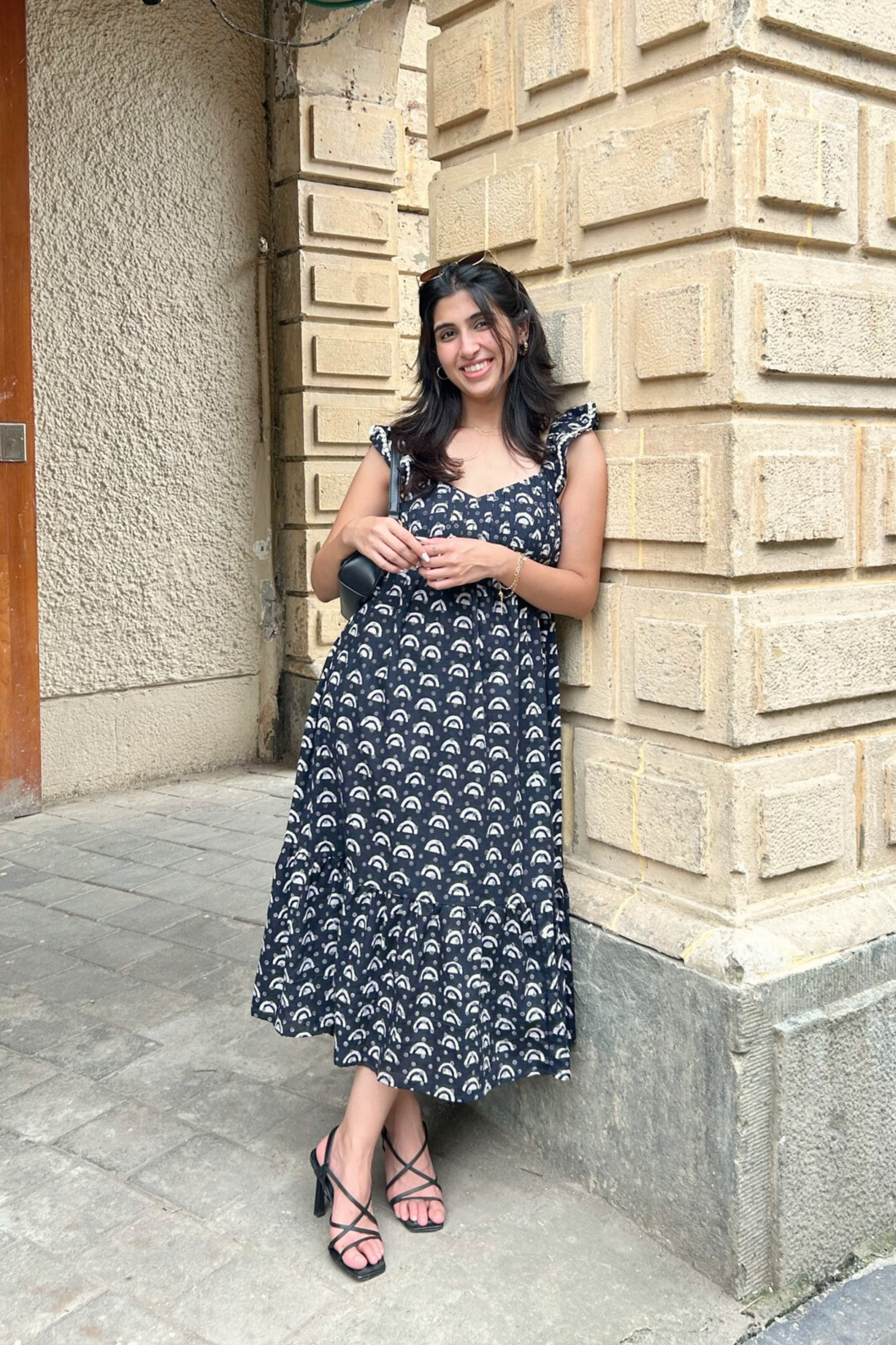 Geometric Hand-Block Printed Cotton Maxi Dress with Pocket 3XL/4XL Black Cotton