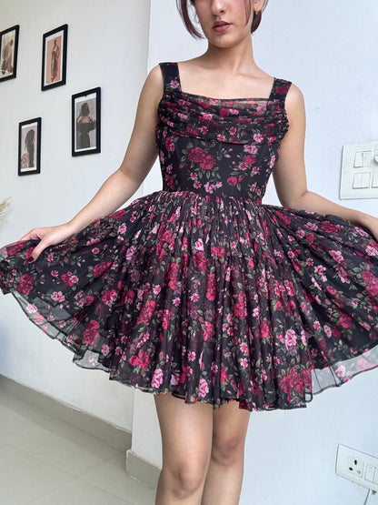 Floral Black Mini Sleeveless Dress