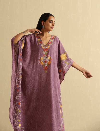 Mauve Aari Embroidered Kashmiri Long Kaftan