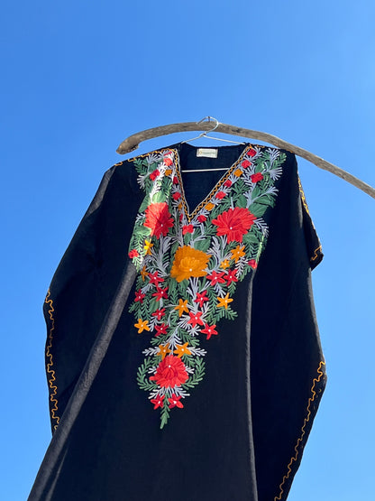 Jade Black Kashmiri Embroidered Summer Kaftan - Short