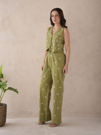 Serra Olive Embroidery Cotton Co-Ord Set