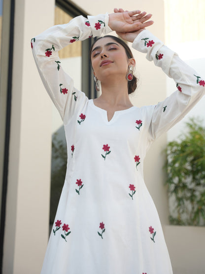 Kowhai White Cotton Floral Embroidered Suit Set