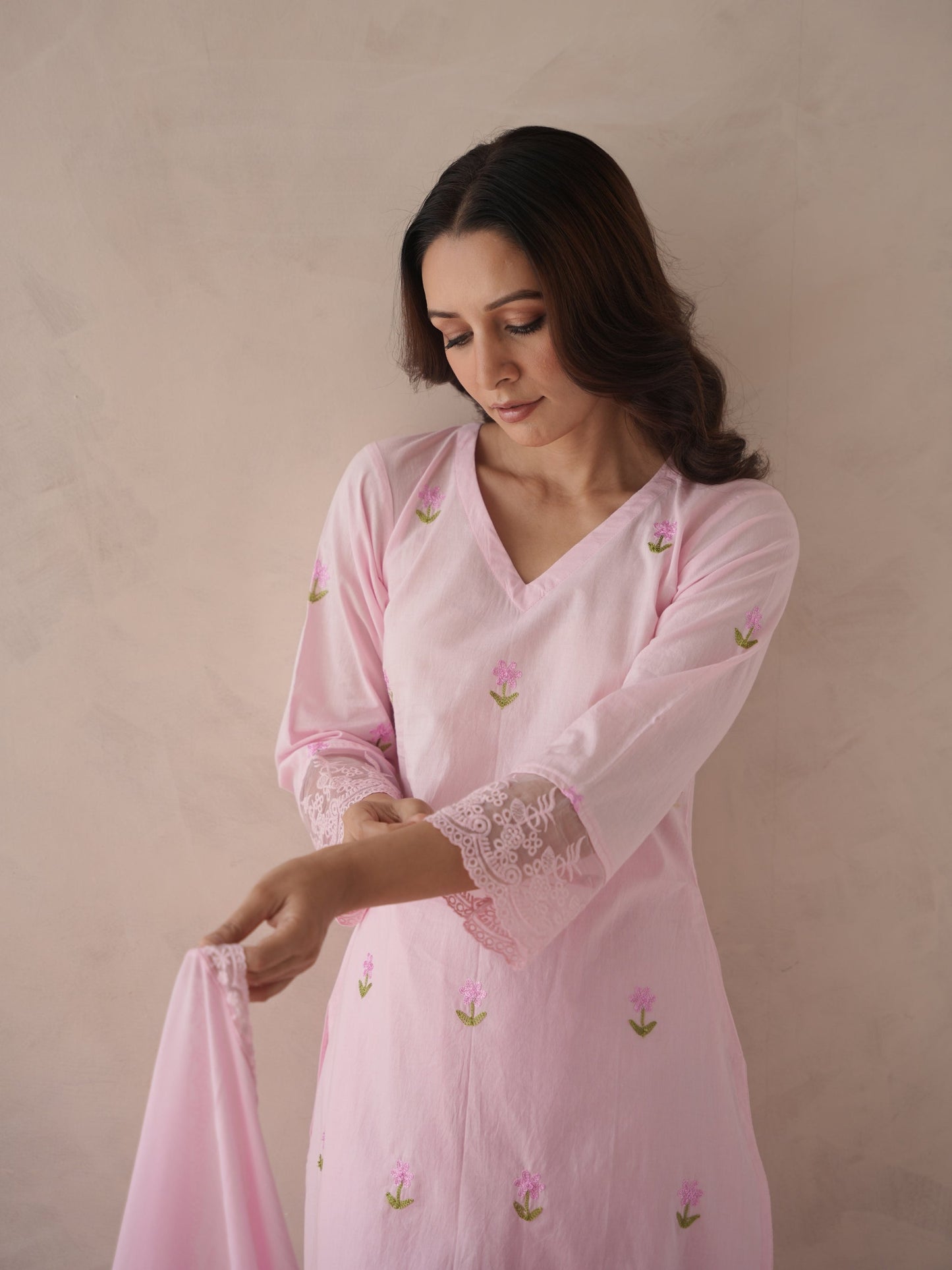 Bloomera Pink Rose Embroidery Cotton Suit Set