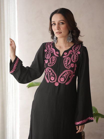 Indiflora Black Embroidery Maslin Kurta Set