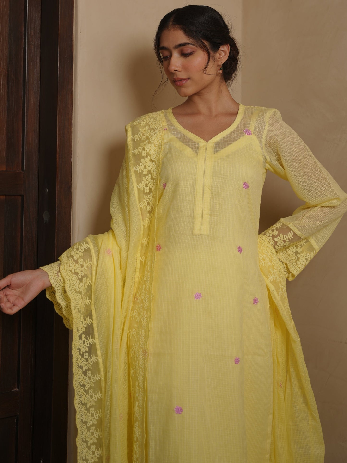 Poppy Yellow Doriya Floral Embroidery Suit Set