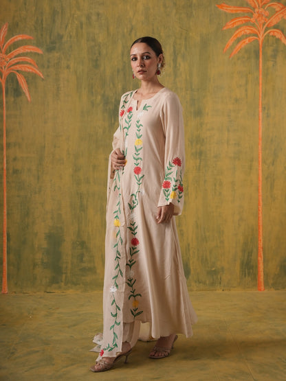 Dilruba Beige Floral Maslin Kurta Set