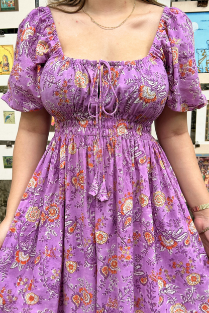 Lilac Floral Puff Sleeve Maxi Cotton Dress with Pocket