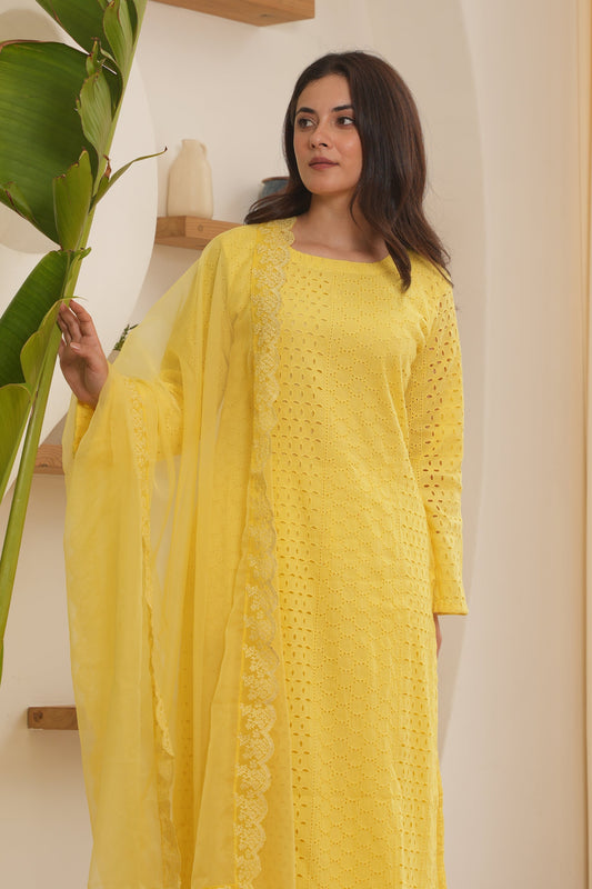 Josie Yellow Schiffli Straight Suit Set
