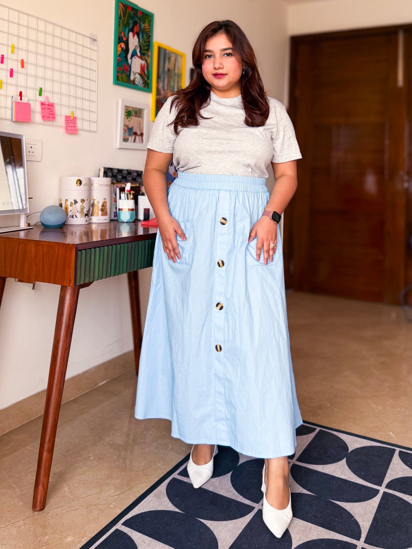 Dina Light Blue Button Down Midi Skirt