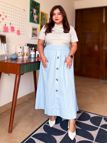 Dina Light Blue Button Down Midi Skirt