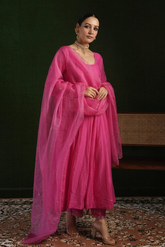 Chaand Fuchsia Pink Chanderi Anarkali Set with Aari Work Bottom