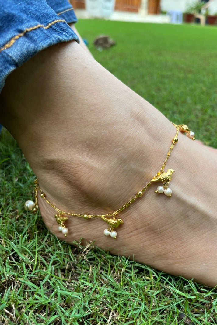 Gold Silver Hummingbird Anklet with Pearls