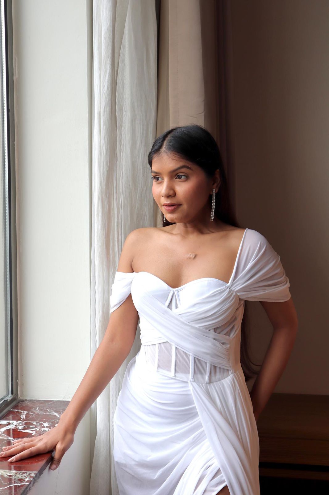 White Corset Drape Mesh Dress with Padding