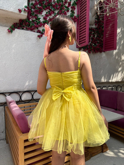 Luxe Sparkle Bow Dress With Detachable Puff Sleeves