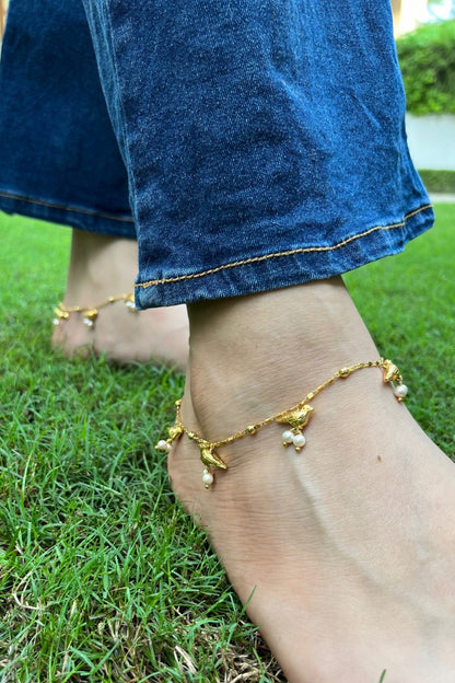 Gold Silver Hummingbird Anklet with Pearls