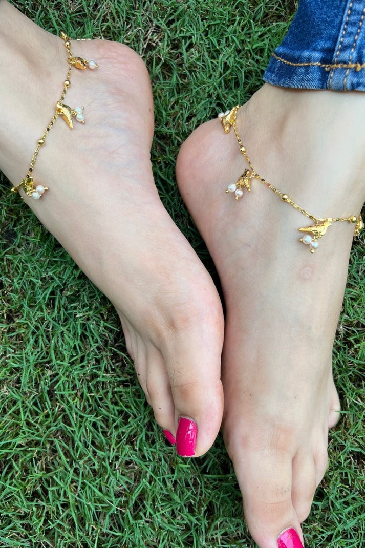 Gold Silver Hummingbird Anklet with Pearls