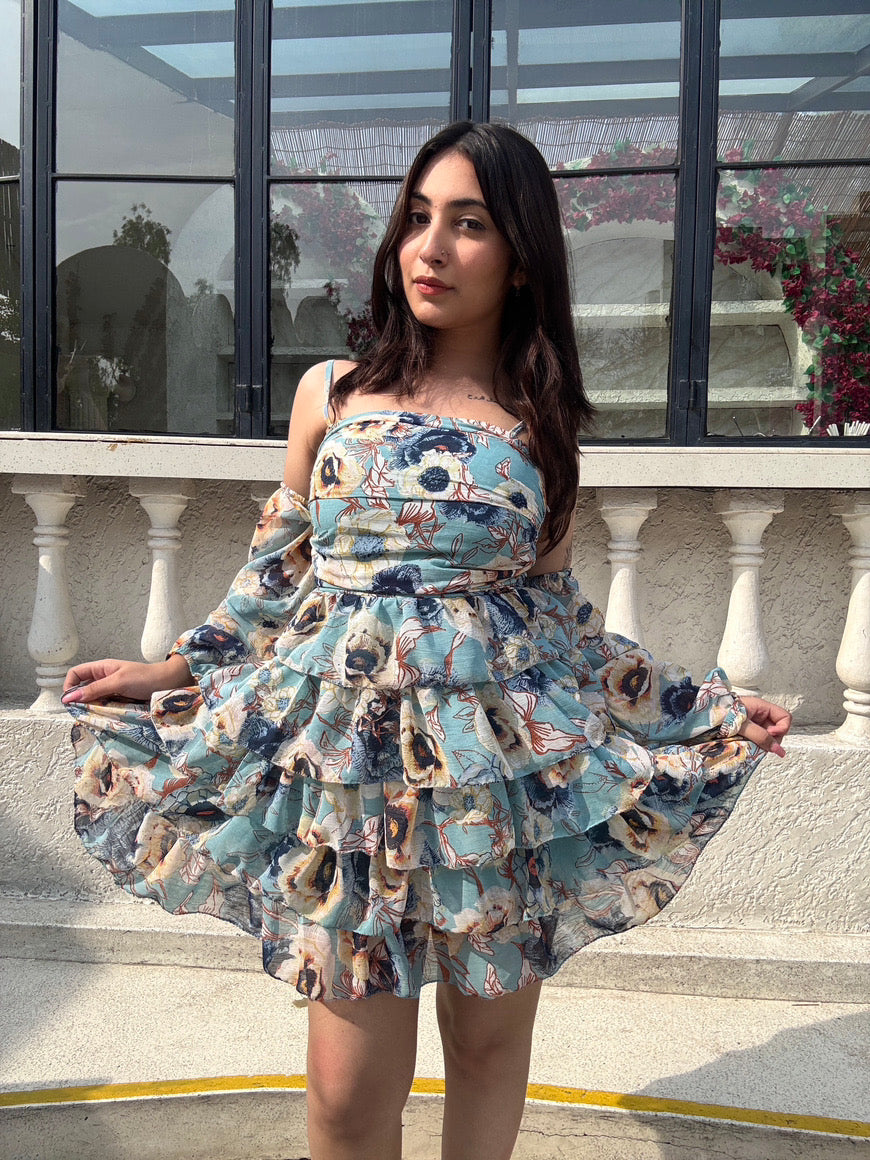 Frozen Flare Dress With Detachable Puff Sleeves