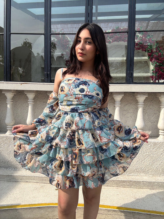 Frozen Flare Dress With Detachable Puff Sleeves