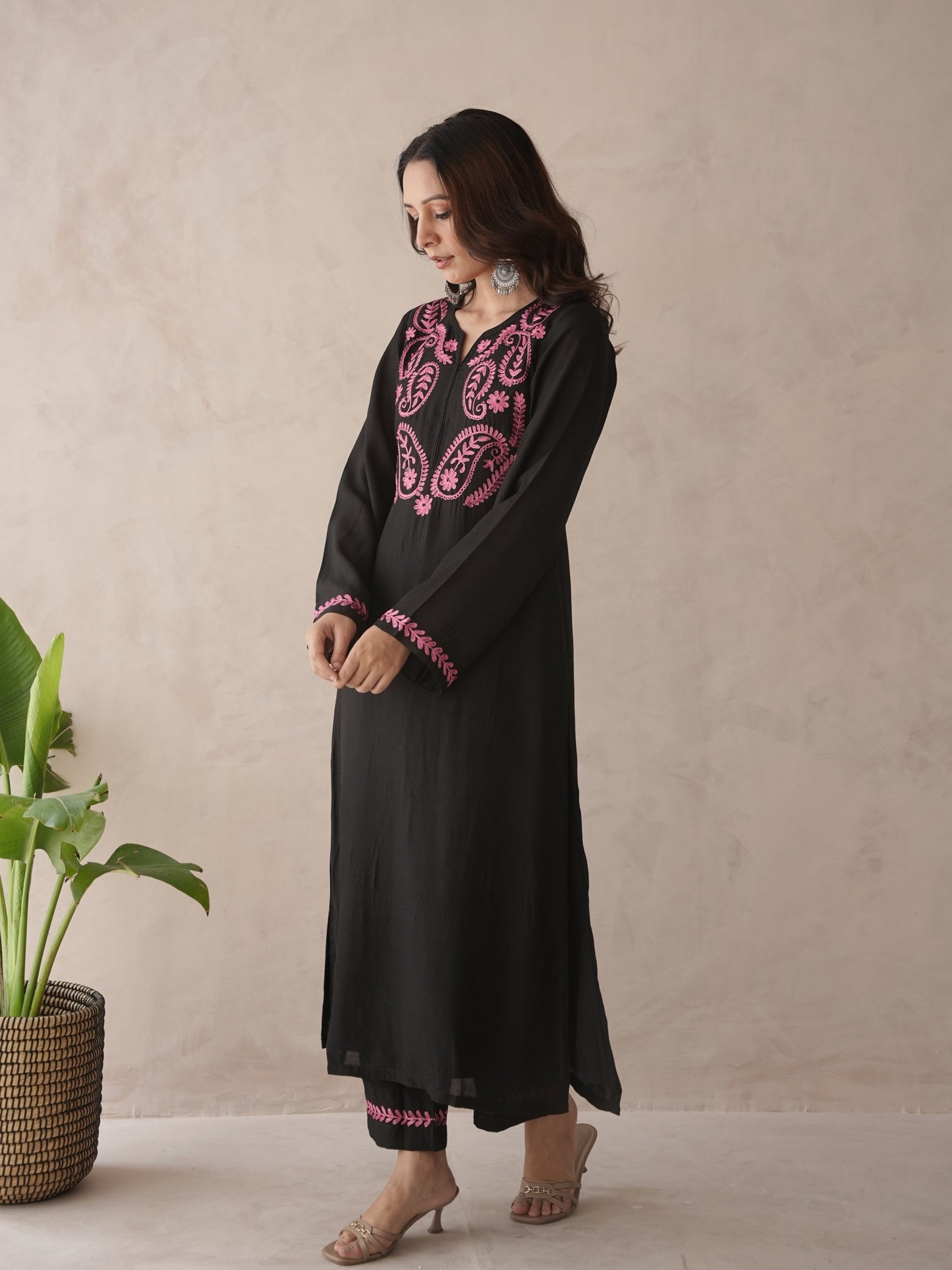 Indiflora Black Embroidery Maslin Kurta Set