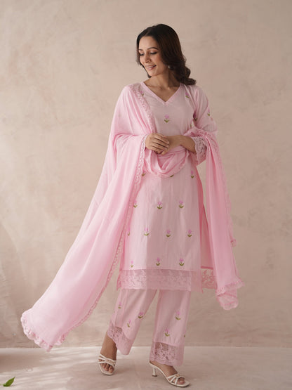 Bloomera Pink Rose Embroidery Cotton Suit Set