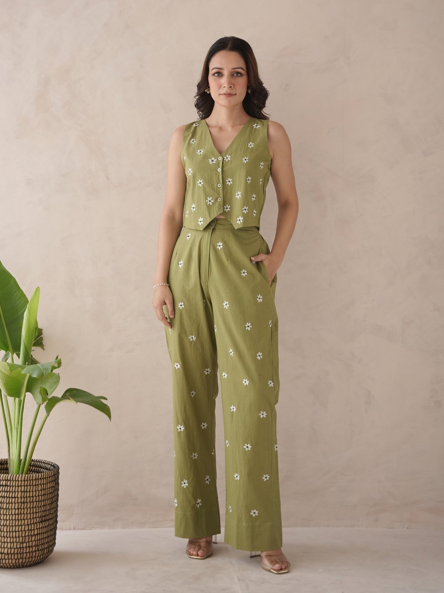 Serra Olive Embroidery Cotton Co-Ord Set