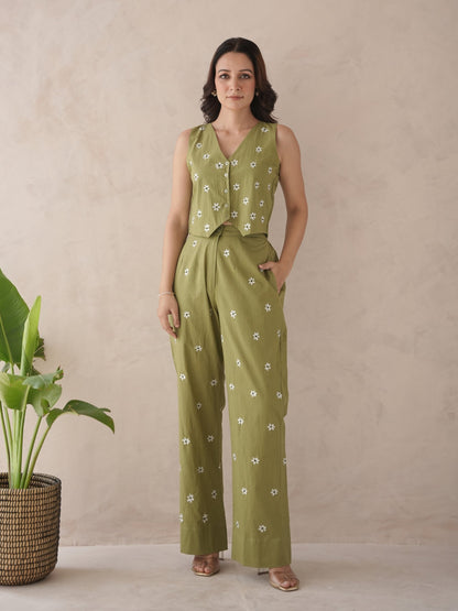 Serra Olive Embroidery Cotton Co-Ord Set