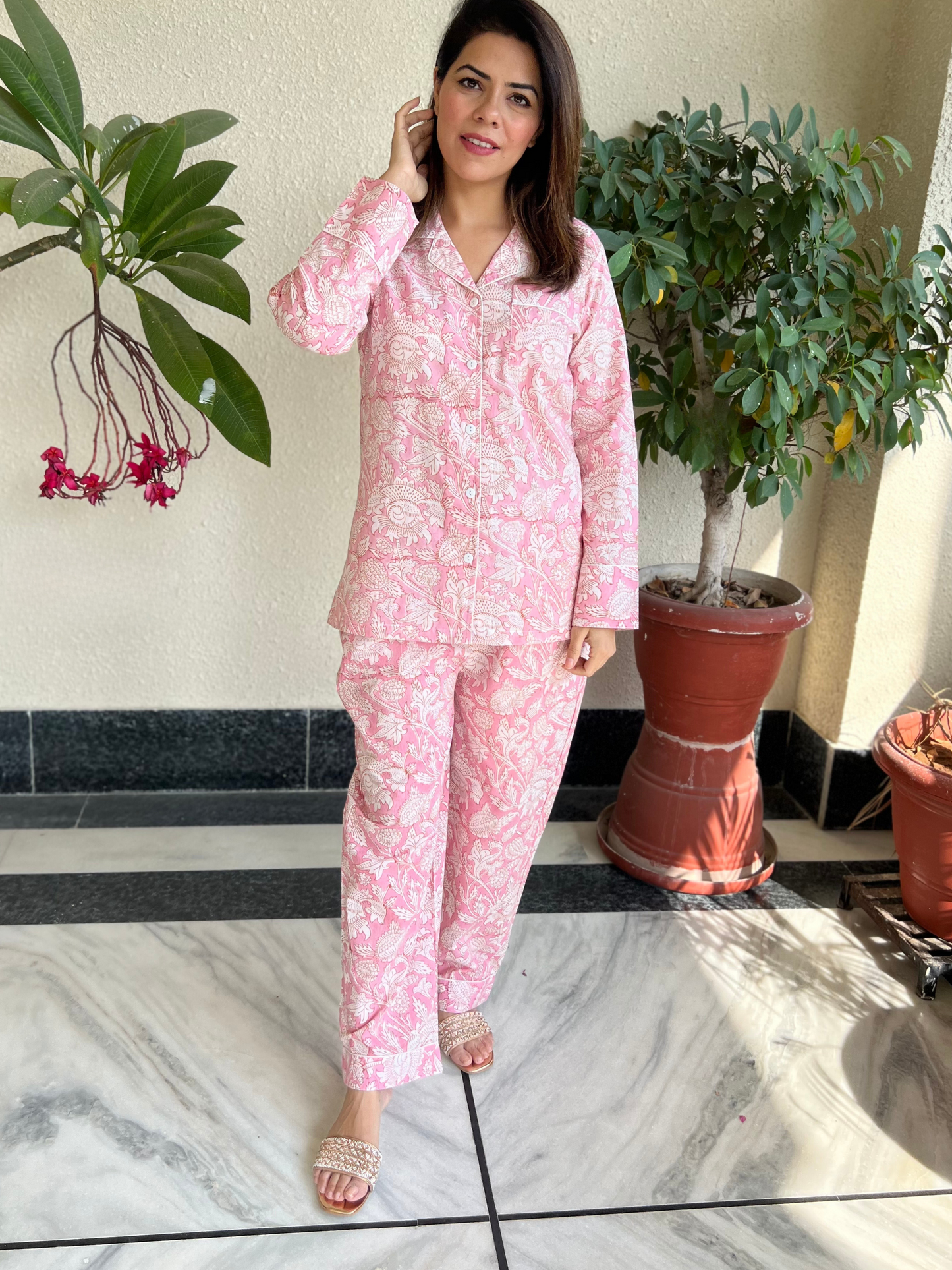 Printed Cotton Lapel Collar Lounge Set