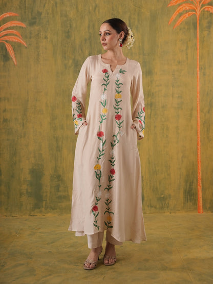 Dilruba Beige Floral Maslin Kurta Set