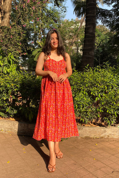 Crimson Red Floral Hand-Printed Cotton Maxi Dress with Pocket