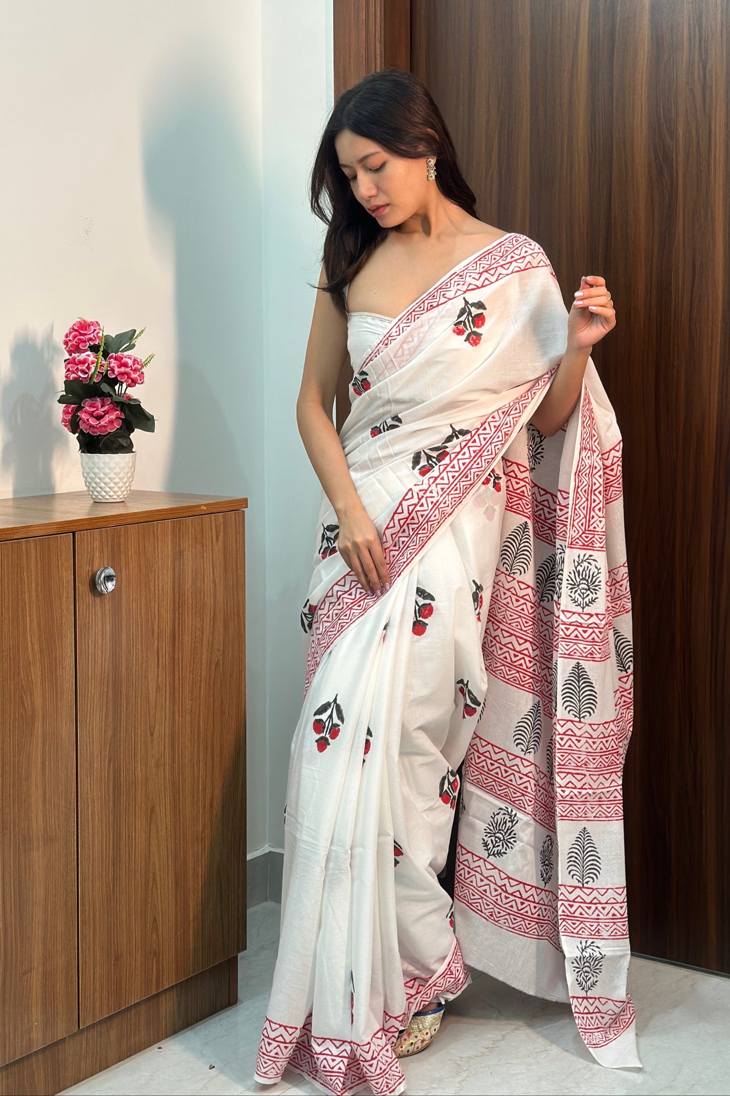 Delicate Darling Handblock Print Natural Dyed Mulmul Cotton Saree
