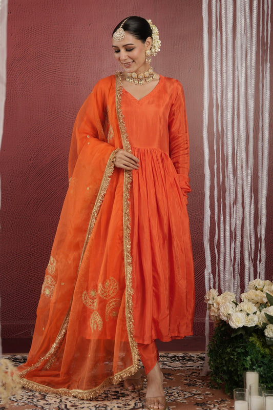 Chaand Orange Silk Anarkali with Dhoti Bottom