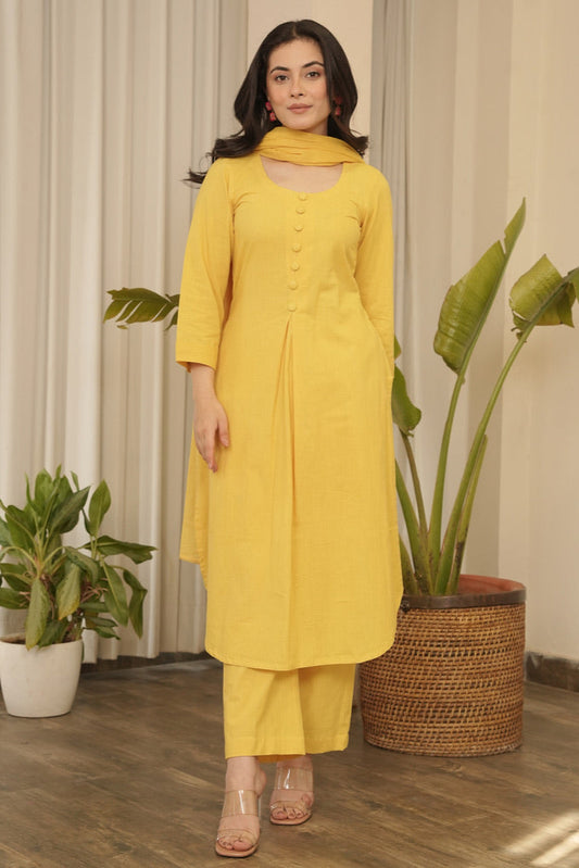 Solid Cotton Suit Set with Handmade Tassels