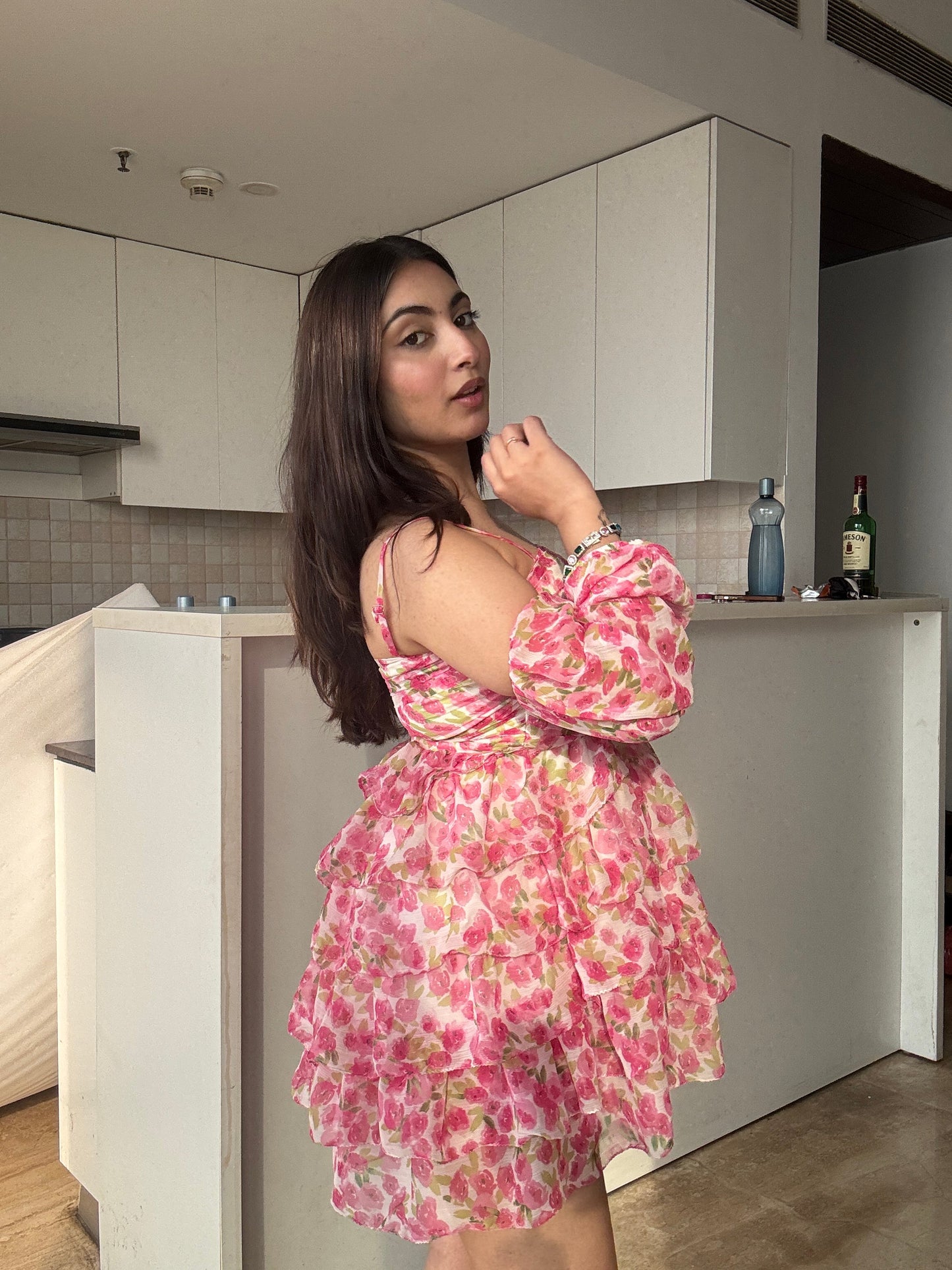 Peony Puff Flare Dress With Detachable Puff Sleeves