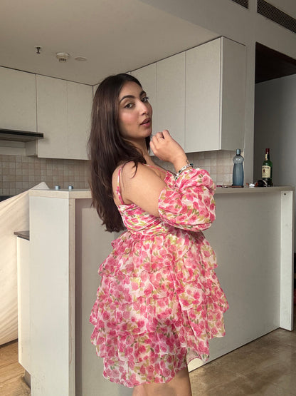 Peony Puff Flare Dress With Detachable Puff Sleeves