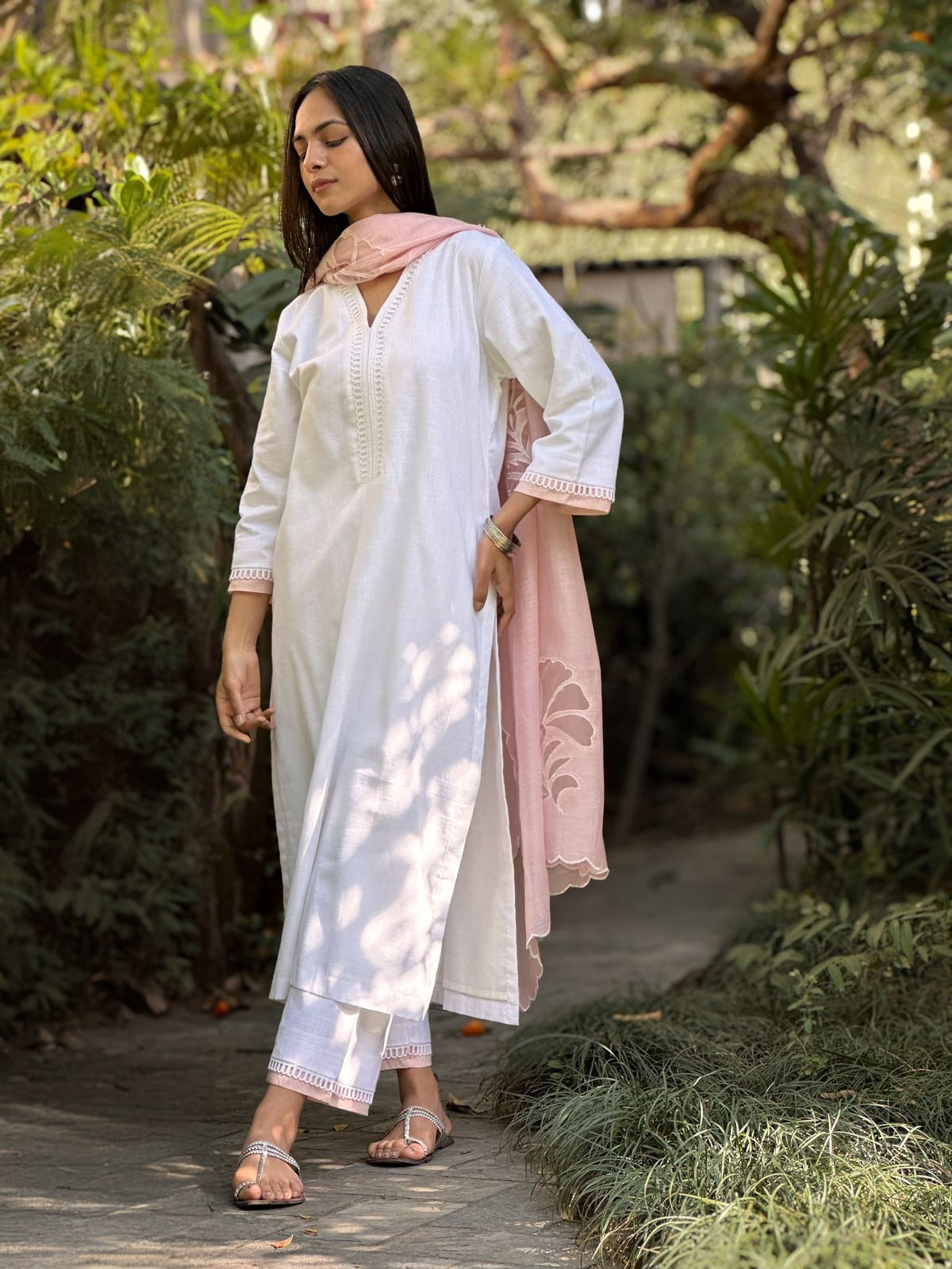 White Cotton Linen Set with a Cutwork Dupatta