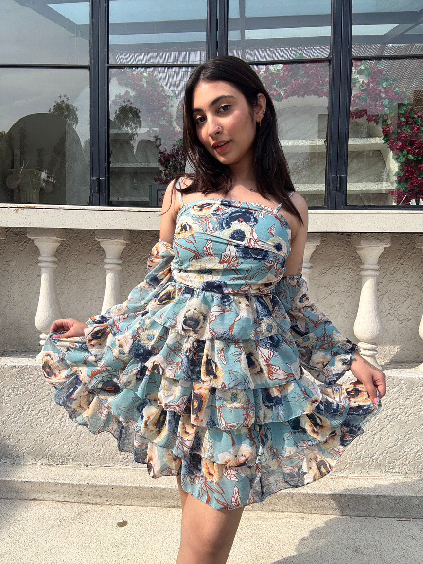 Frozen Flare Dress With Detachable Puff Sleeves