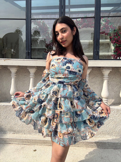 Frozen Flare Dress With Detachable Puff Sleeves