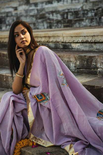 Meera Tissue Light Purple Handpainted And Handembellished Saree