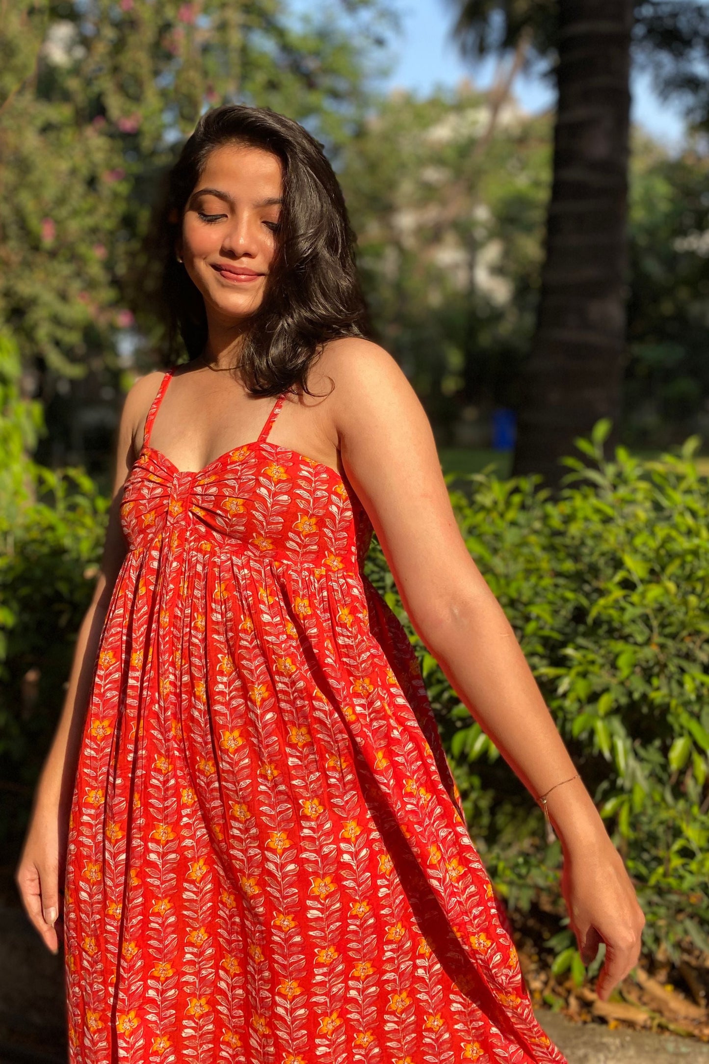 Crimson Red Floral Hand-Printed Cotton Maxi Dress with Pocket