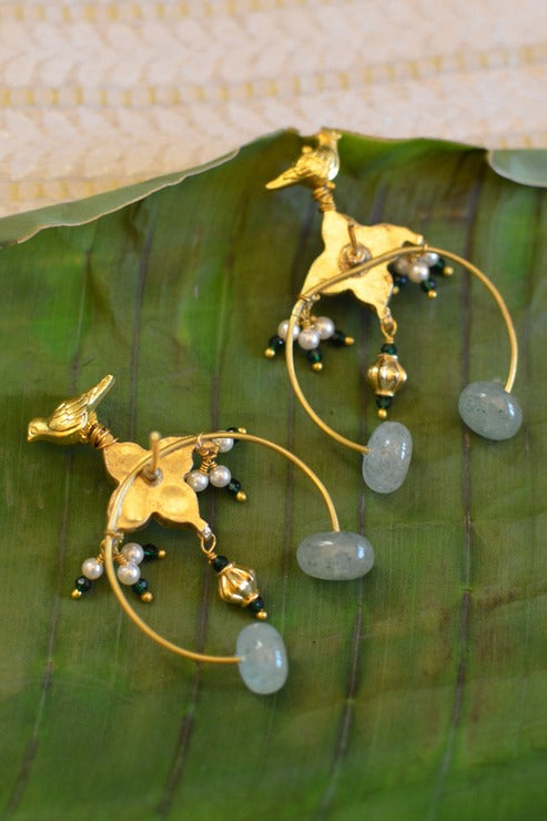 Stone Studded Polki Bird Hoops in Sage Green