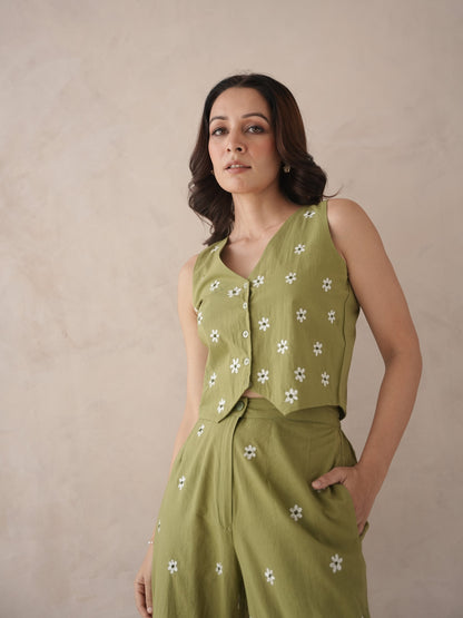 Serra Olive Embroidery Cotton Co-Ord Set