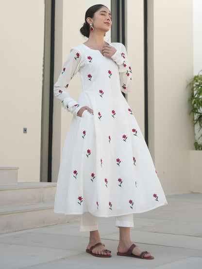 Kowhai White Cotton Floral Embroidered Suit Set