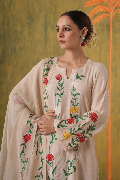 Dilruba Beige Floral Maslin Kurta Set