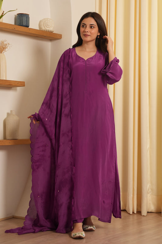 Purple Silk Shibori Mirror Work Staright Suit Set
