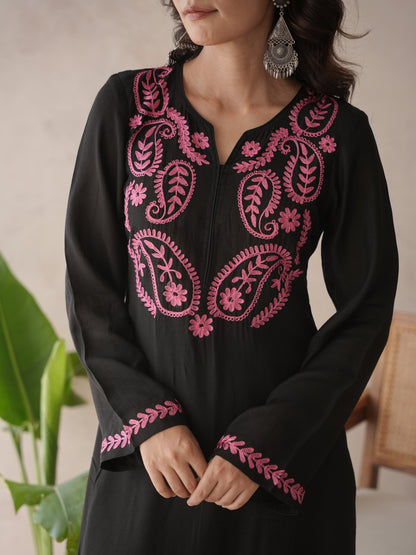 Indiflora Black Embroidery Maslin Kurta Set