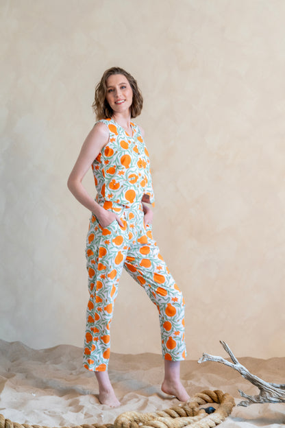 Orange Green Print Waistcoat - Pants Set