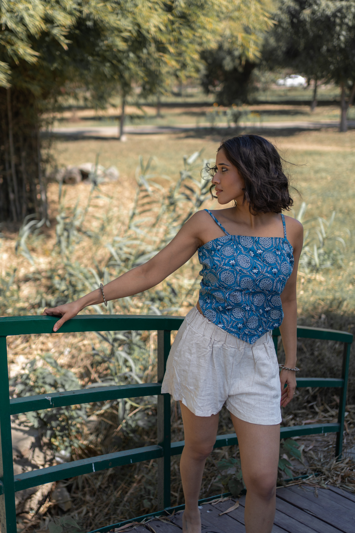 Blue Scarf Top In Floral Handprinted Cotton