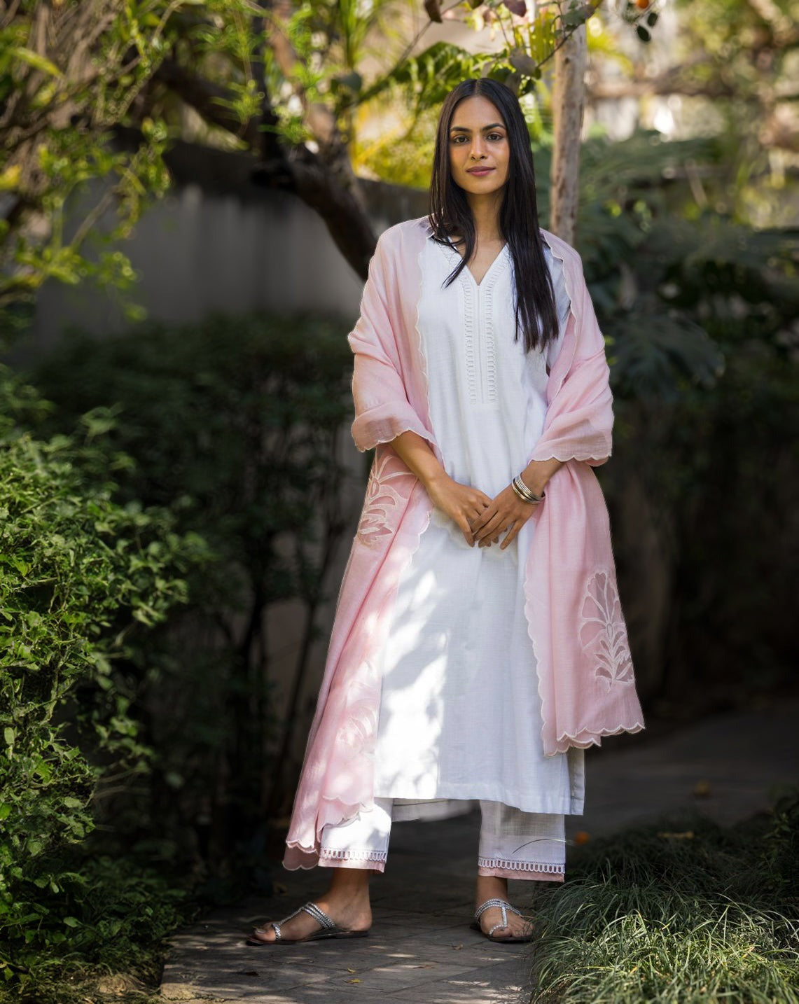 White Cotton Linen Set with a Cutwork Dupatta