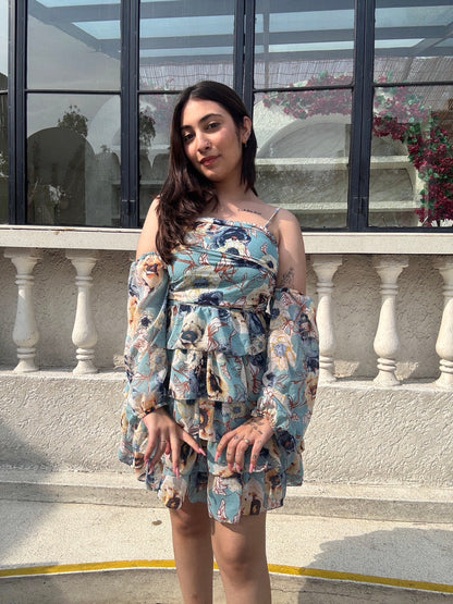 Frozen Flare Dress With Detachable Puff Sleeves